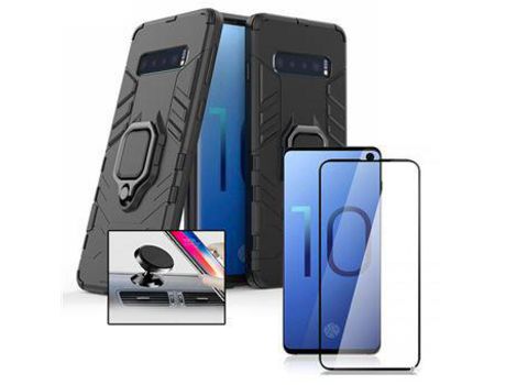 Kit Carcasa, Protector de Cristal 5D y Soporte Magnetico Auto Samsung Galaxy S10e Military Defender Negro