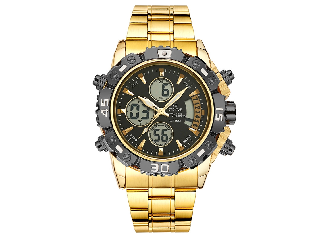 Reloj Electrónico Multifuncional Para Hombre (dorado) De Acero Inoxidable Con Doble Movimiento, Resistente Al Agua Y Luminoso.