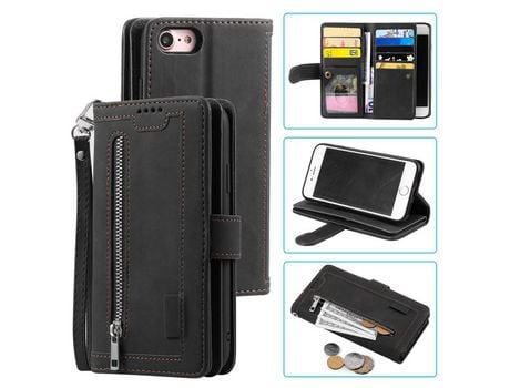 Carcasa PU con bolso con estante y 9 porta-cartões negro por Apple iPhone 6s/6