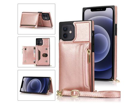 Carcasa PU con estante con suporte y bandolera de ombro ouro rosa por Apple iPhone 12 Mini