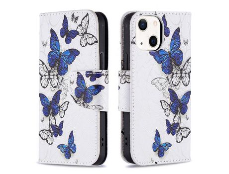 Funda PU + TPU magnético a prueba de choques con fundo azul/mariposas brancas por iPhone 13 mini 5.4
