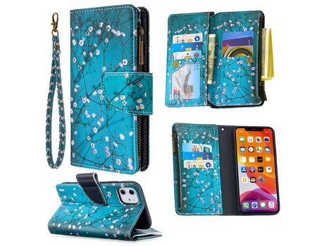 Carcasa PU estante de impresión patrón flores brancas por Apple iPhone 11 6.1