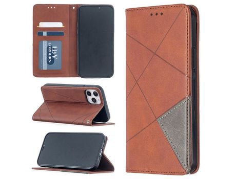 Carcasa PU teste patrón geométrico con suporte y suporte de tarjeta café por Apple iPhone 12 Pro/iPhone 12 Max 6.1