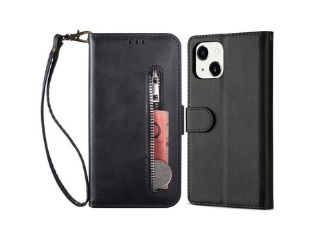 Funda PU + TPU con suporte con bolso externo con zíper negro por iPhone 13 6.1