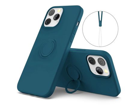 Funda silicone a prueba de choques con suporte de anel ajustável y bandolera azul por iPhone 13 Pro Max 6.7