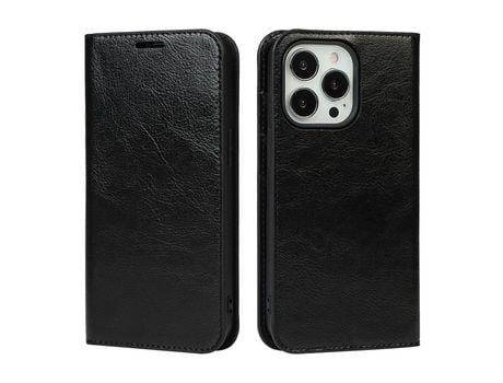 Funda de couro genuino textura de caballo Loco con suporte negro por iPhone 13 Pro 6.1
