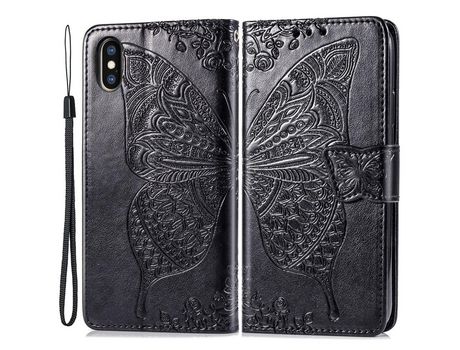 Funda PU patrón de mariposa y flor Cerrar magnético con soporte negro por iPhone X/XS 5.8