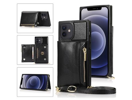 Carcasa PU con estante con suporte y bandolera de ombro negro por Apple iPhone 12 Mini