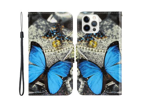 Funda PU + TPU Cerrar magnético con fundo de mariposa azul por iPhone 13 Pro 6.1