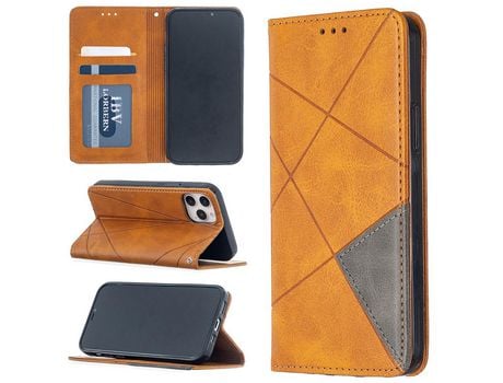 Carcasa PU teste patrón geométrico con suporte y suporte de tarjeta marrom por Apple iPhone 12 Pro/iPhone 12 Max 6.1