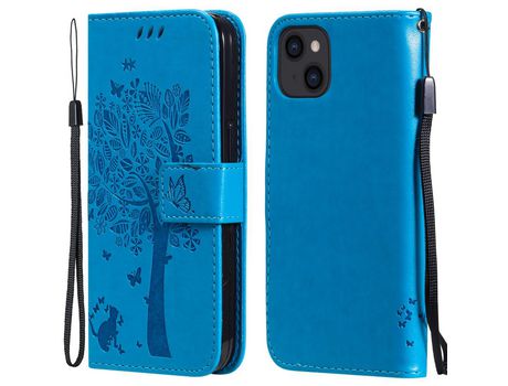 Funda PU + TPU patrón de gato y árbol de travamento de queda con suporte azul por iPhone 13 6.1