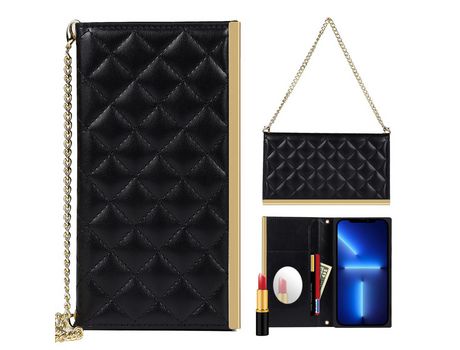 Funda PU + TPU textura de grade con suporte y espelho de maquiagem negro por iPhone 13 Pro 6.1