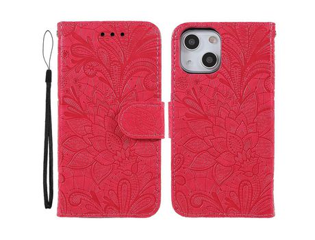 Funda PU patrón de renda y flores rojo por iPhone 13 6.1