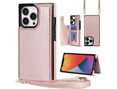 Funda TPU + PU Ocupación de deslizamento anti-roubo de cuadra de RFID con bandolera de ombro ouro rosa por iPhone 13 Pro Max