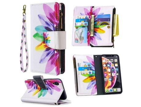 Carcasa PU estante de impresión patrón pétalas coloridas por Apple iPhone XR 6.1