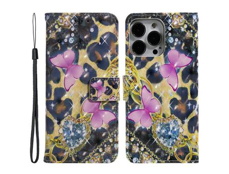 Funda PU + TPU decorazón de ponto de luz con suporte de mariposa rosa por iPhone 13 Pro Max 6.7