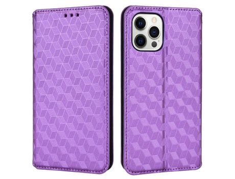 Funda PU patrón de losango absorción magnética a prueba de choques con soporte púrpura por iPhone 12/12 Pro 6.1