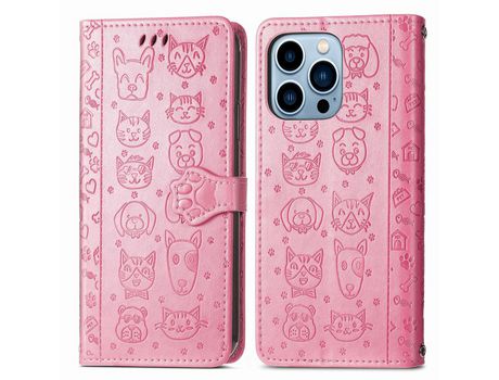Funda PU + TPU Cerrar magnético con desenho de gato y cachorro con fundo rosa por iPhone 13 Pro Max 6.7