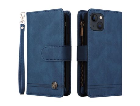 Funda PU patrón de listras con ranhuras por tarjetas y bolso con Cerrar de correr azul por iPhone 13 6.1