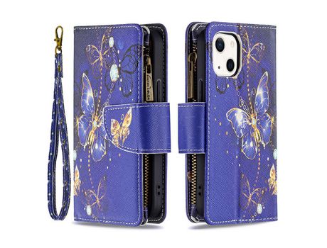 Funda PU + TPU bolso con zíper con suporte de mariposa roxa por iPhone 13 mini 5.4
