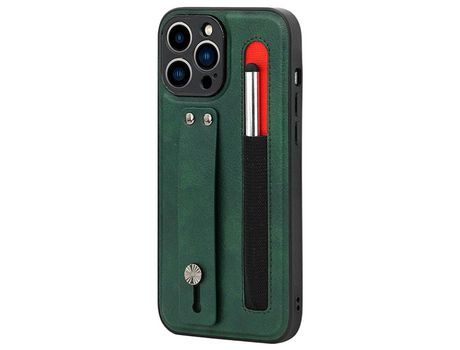 Funda TPU + PU con suporte de pontapé de correia de mano con ranhura por caneta verde por iPhone 13 Pro 6.1