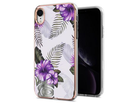 Funda TPU antirriscos por galvanoplastia de mármol flores roxas por iPhone XR 6.1