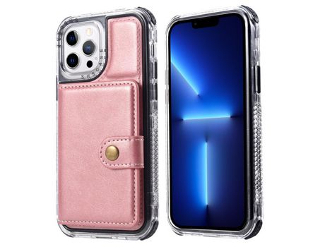 Funda TPU retro anti-queda con suporte y porta-tarjetas rosa por iPhone 13 Pro 6.1