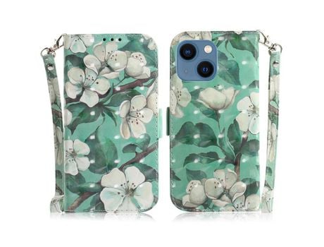 Funda PU + TPU decorazón de ponto de luz con suporte de flores brancas por iPhone 13 6.1