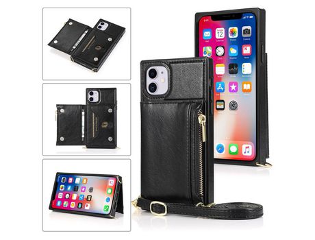 Carcasa PU con bandolera de bolso con estante negro por Apple iPhone 11 6.1
