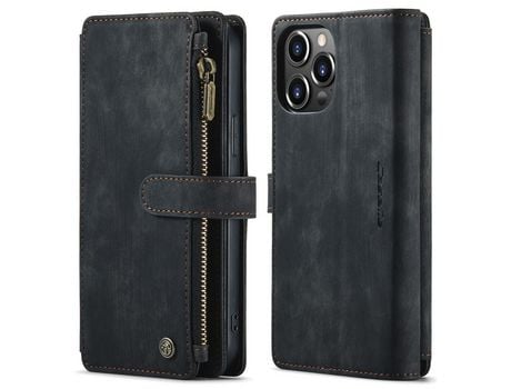 Funda PU + TPU CASEME Anti-lágrimas suporte con bolso con zíper a prueba de choques negro por iPhone 13 Pro Max 6.7