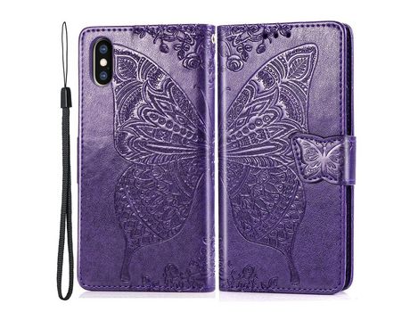 Funda PU patrón de mariposa y flor púrpura por iPhone XS Max 6.5