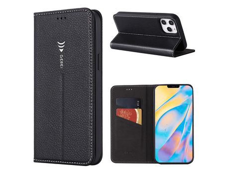 Carcasa PU piel de lichi con suporte y suporte de tarjeta negro por Apple iPhone 12 Pro/12 6.1