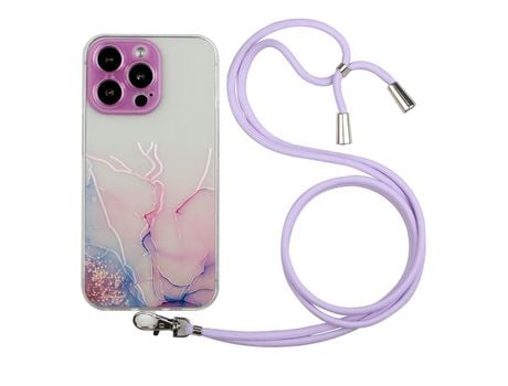 Funda TPU mármol en relevo multicolorido flexível con cable ajustável rosa por iPhone 13 Pro Max 6.7