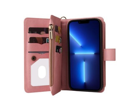 Funda PU + TPU con suporte porta-tarjetas y bolso con zíper rosa por iPhone 13 Pro Max 6.7