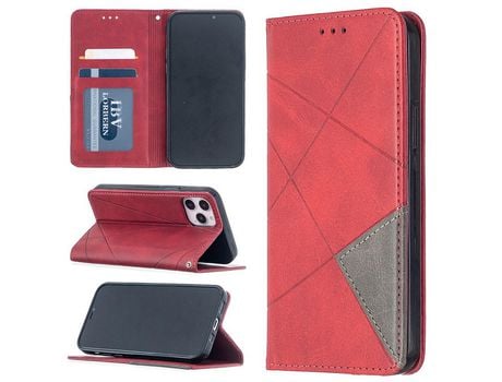 Carcasa PU teste patrón geométrico con suporte y suporte de tarjeta rojo por Apple iPhone 12 Pro/iPhone 12 Max 6.1