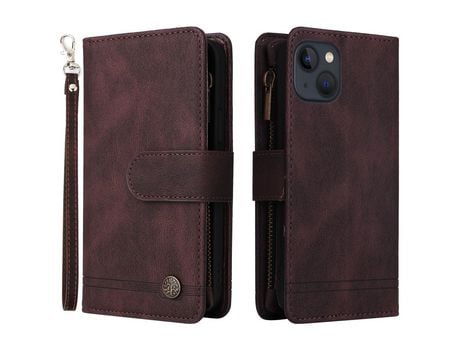 Funda PU patrón de listras con ranhuras por tarjetas y bolso con Cerrar de correr marrón por iPhone 13 6.1