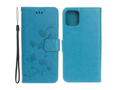 Funda PU + TPU patrón de flores y mariposas con fundo azul por iPhone 13 mini 5.4