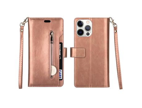 Funda PU + TPU multifuncional con suporte y bolso con zíper en ouro rosa por iPhone 13 Pro Max 6.7