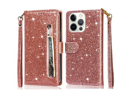 Funda PU + TPU bolso con zíper de lantejoulas glitter con fundo de ouro rosa por iPhone 13 Pro Max 6.7
