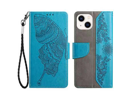 Funda PU patrón Anti-lágrimas mariposa y flor con soporte azul por iPhone 13 mini 5.4
