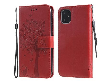 Funda PU + TPU patrón de gato y árbol con suporte rojo por iPhone 11 6.1