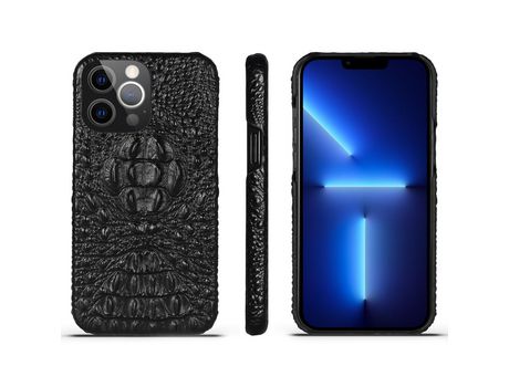 Funda TPU + couro genuino textura de cabeça de cocodrilo negro por iPhone 13 Pro 6.1