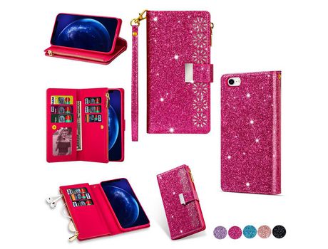 Carcasa PU estante de escultura a laser de estilo estrelado brillante con apoyo rosa por Apple iPhone SE (2nd Gen)/8/7
