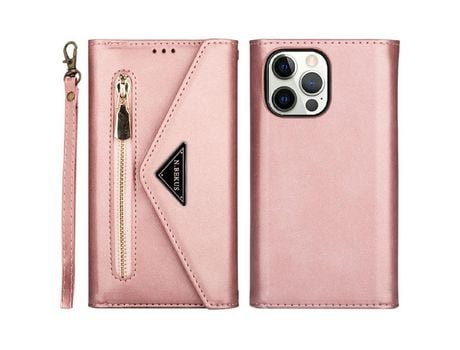 Funda PU + TPU toque na pele zíper con suporte en ouro rosa por iPhone 13 Pro Max 6.7