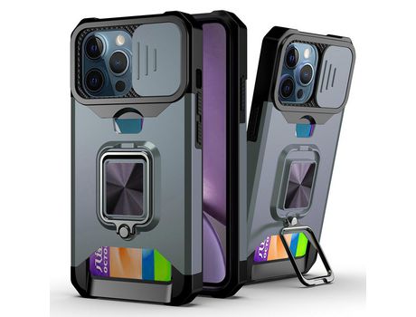 Funda TPU viseira solar híbrida desmontable con porta-tarjetas verde-escuro por iPhone 13 6.1