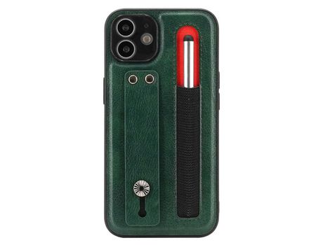 Funda TPU + PU a prueba de choques con suporte de pontapé de correia de mano con ranhura por caneta verde por iPhone 12 6.1