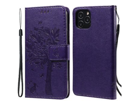 Funda PU + TPU patrón de gato y árbol con fundo púrpura por iPhone 12/12 Pro