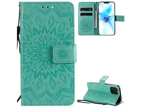 Carcasa PU con impresión de patrón de girassol con apoyo cian por Apple iPhone 12/12 Pro