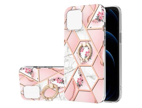 Funda TPU patrón de mármol con suporte de flores rosas por iPhone 13 6.1