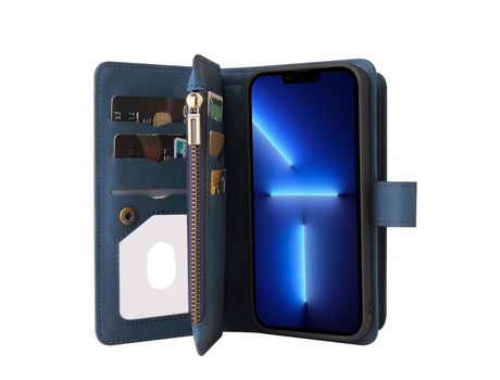 Funda PU + TPU con suporte suporte por tarjeta y bolso con zíper azul por iPhone 13 Pro Max 6.7